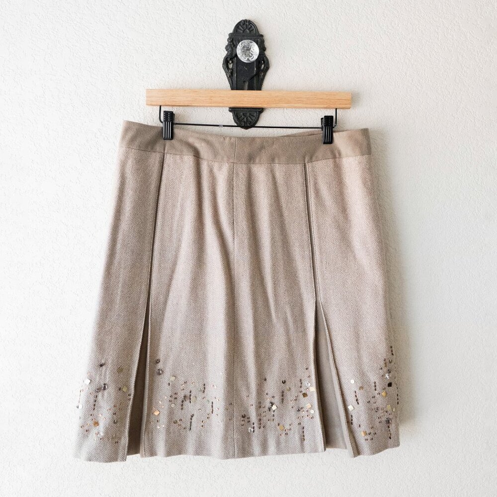 Ann Taylor LOFT Size 12 Camel Wool Blend Pleated Skirt Beaded Sequin